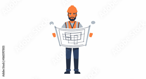 Construction worker in hard hat holding blueprints on a white background