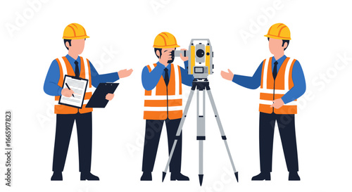 Construction Workers Surveying Land with Theodolite, Clipboards and Measuring Instruments