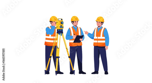 Team of Construction Workers with Surveying Equipment and Plans Discussing Project Details
