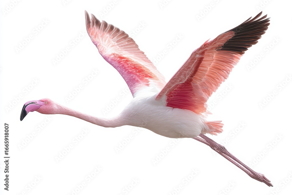 Fototapeta premium Flying pink flamingo bird gliding gracefully against a white background showcasing stunning plumage and unique wing structure