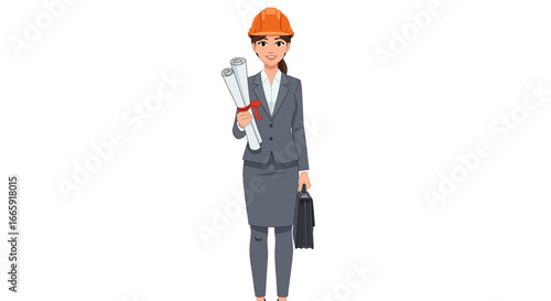 A professional female engineer or architect in a business suit and safety helmet, holding blueprints and a briefcase. Vector illustration of a confident woman in the construction industry