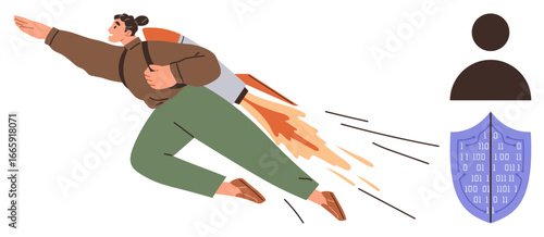 Person with jetpack flying confidently toward a personal avatar and a digital shield with binary codes. Ideal for technology, innovation, cybersecurity, personal growth, ambition, protection, digital