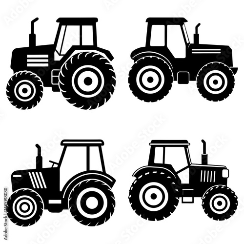 Four tractor silhouettes in black and white showcasing different models and design variations of farm vehicles