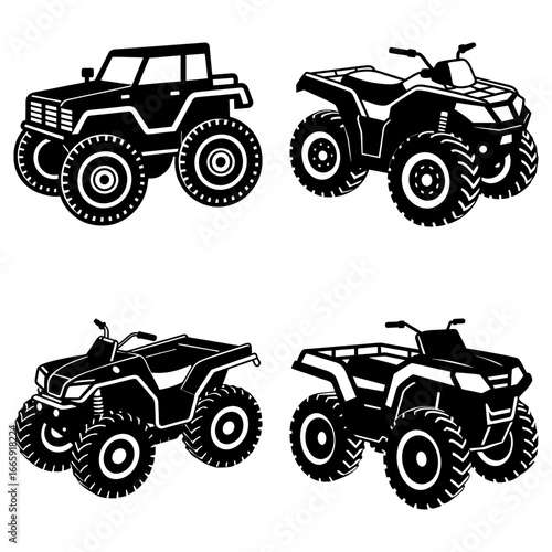 Four black and white off road vehicles including a monster truck and three four wheelers in a pattern