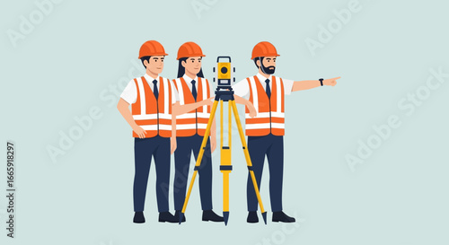A team of surveyors using a theodolite at a construction site.