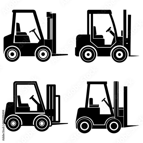 Four black forklift trucks in a grid layout with a simple and clean design on a white background view