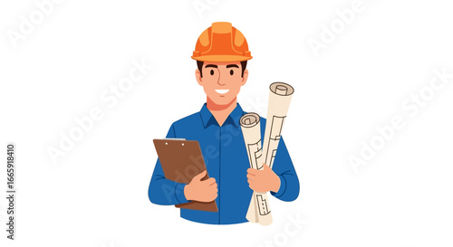 A smiling construction worker wearing an orange hard hat, holding blueprints and a clipboard, ready for a project.
