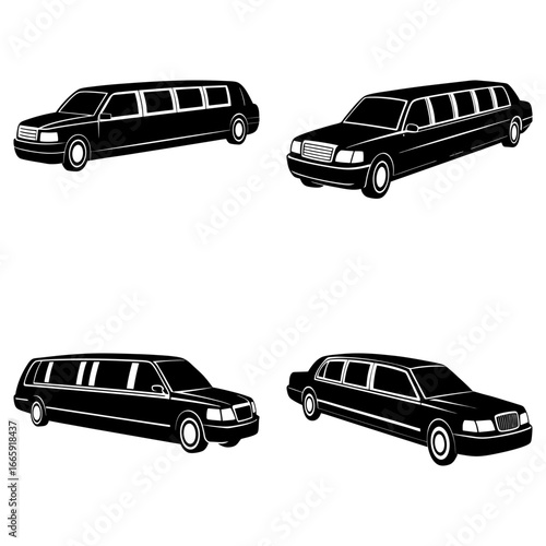 Four black and white limousine car illustrations arranged on a white plane in a square format design