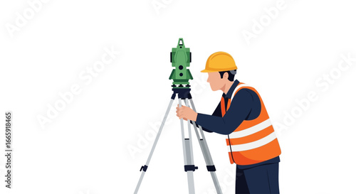 Surveyor using surveying equipment for land measurement, construction, and engineering projects