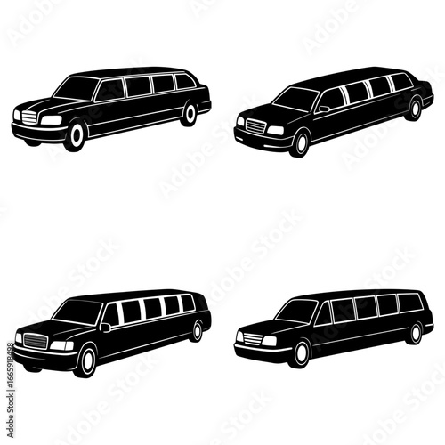 Four black limousine car illustrations in different angles on a white background in vector format