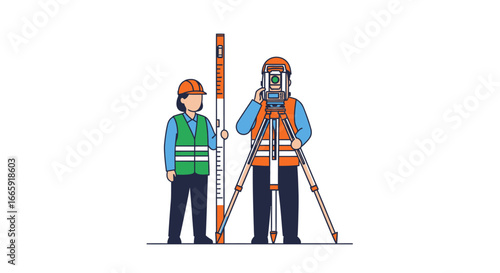 Surveyors using leveling equipment on a construction site, wearing safety gear.
