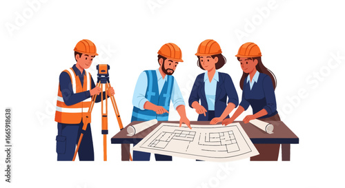 A diverse team of engineers and architects in hard hats reviewing blueprints and using surveying equipment on a construction project.
