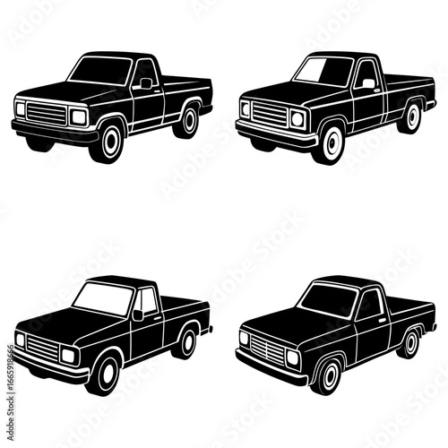 Four black and white pickup trucks shown from different angles in a grid formation on a white background