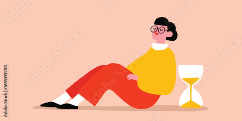 A contemplative individual reclines beside an hourglass, symbolizing the passage of time and reflecting on patience and reflection, perfect for themes of introspection.