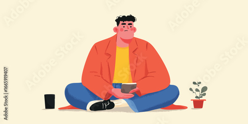 An illustrative depiction of a man in relaxed pose, accompanied by a small potted plant and a smartphone. The warm color palette adds to the calm atmosphere, perfect for content about lifestyle, rest.