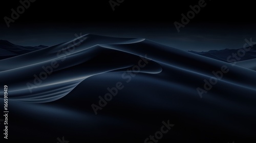 A dark blue, abstract landscape with a mountain range in the background.