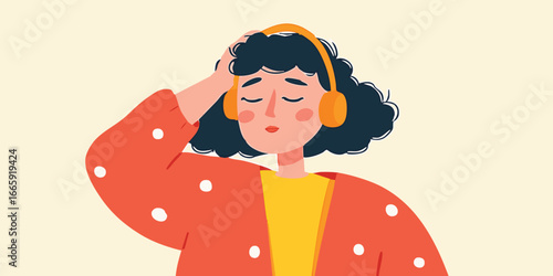 A thoughtful woman with headphones, lost in her thoughts, evokes a sense of serenity and introspection. Immersed in a world of music.