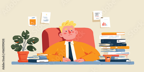 A weary professional slumps at his desk, surrounded by piles of documents, paperwork and financial papers, reflecting a sense of burnout and overwhelm in a creative cartoon style.