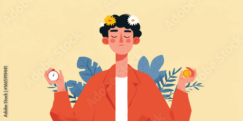 A serene figure, adorned with floral crown, embodies mindfulness and balance. The individual holds a clock and coin, symbolizing time management and financial well-being.