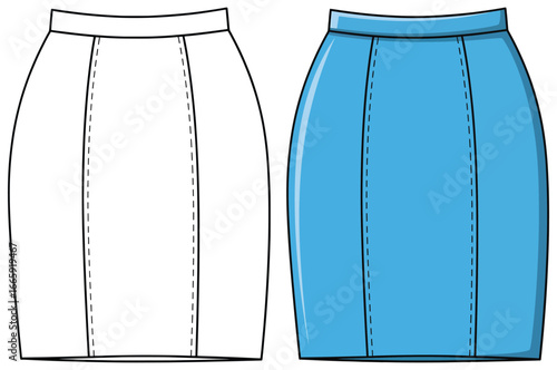 Pencil skirt vector illustration showing a simple fashion garment in black outline version and a stylish blue colored design with stitching details