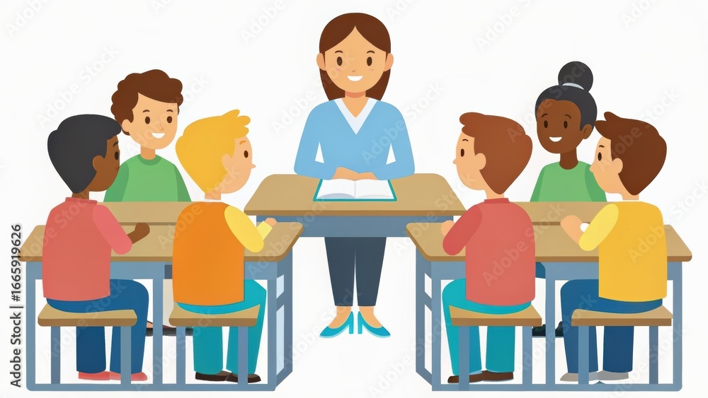 A teacher engages with a diverse group of students in a classroom setting, fostering interaction and learning. A teacher engages with a diverse group of students in a classroom setting, fostering interaction and learning.