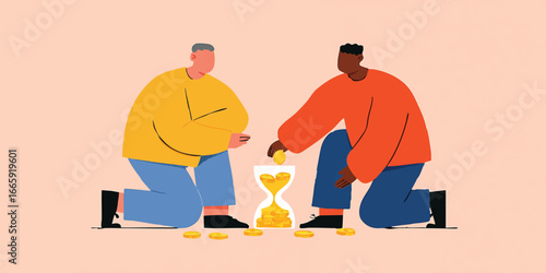 Two individuals collaborate, placing gold coins into an hourglass, symbolizing the concept of time management, investment, and financial planning in a minimalist yet effective manner.