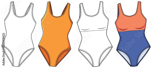 Swimsuit vector illustration featuring one piece swimwear shown in clean black outline sketch style and flat color versions in orange and two tone coral and navy