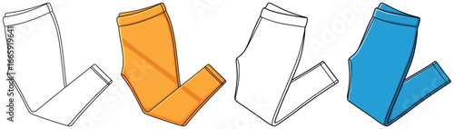 Leggings vector illustration featuring folded slim fit pants shown in both clean black outline sketch style and flat color versions in orange and blue