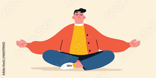 A man in lotus position doing meditation and the pose represent peace and harmony. This illustration embodies mindfulness, focus, and inner peace.