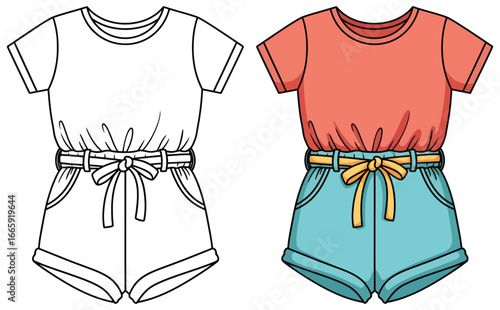 Romper vector illustration featuring a short sleeve top with belted high waist shorts shown in both outline sketch and filled color version for fashion design templates