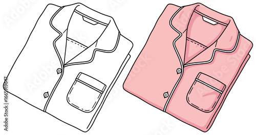 Pajama vector illustration showing a folded long sleeve button up sleepwear shirt in both black outline sketch and soft pastel pink filled color version