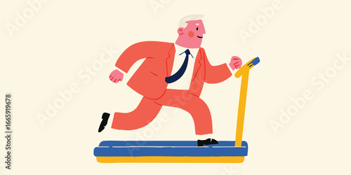A determined businessman in a suit energetically sprints on a treadmill, symbolizing his dedication to fitness and personal growth. 