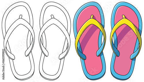 Flip flops vector illustration in top view with clean line art and flat color design presented as a modern fashion footwear template for stylish summer sandal mockup