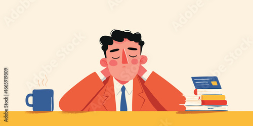 A relaxed office worker enjoying a moment of calm with a warm beverage. capturing the ambiance of workplace serenity.