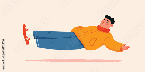 A carefree character floats blissfully in a lighthearted illustration, their relaxed posture and joyful expression exuding a sense of peace and contentment.