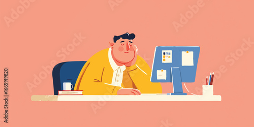 A weary office worker, hunched over his desk in a colorful, cartoonish illustration, a visual metaphor for burnout and workplace fatigue.