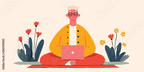 A tranquil figure with laptop surrounded by flowers and plants, finds his peaceful workspace surrounded by plants and flowers in digital drawing.