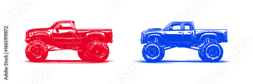 Bold monster trucks in vibrant red and blue engage in dynamic competition showcasing power