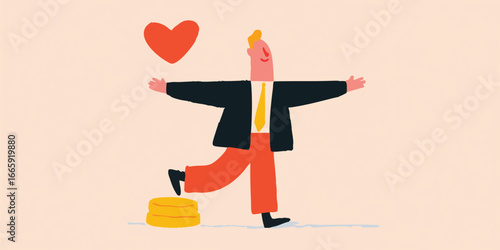 A charming cartoon depicts a figure happily balancing, symbolising financial harmony and economic well-being. A floating heart adds a touch of warmth to the scene, suggesting contentment.