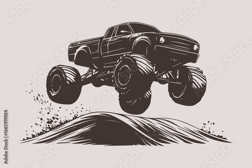 Powerful monster truck soaring over dirt mound, showcasing impressive height and speed