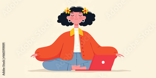 A serene woman finds peace in meditation, seamlessly merging the digital world with inner tranquility, laptop at her side, bathed in soft light. 