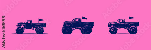 Bold monster trucks in vibrant colors lined up against bright pink backdrop