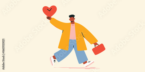 A dynamic and stylized illustration features a person holding a heart symbol with a clock face, with an energetic stride indicating an embrace of life, love, and the passage of time.
