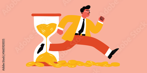 A determined individual races against the relentless passage of time, symbolized by a cascading hourglass and coins, representing the urgent pursuit of success and financial gains.