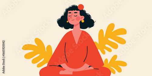 A serene moment of mindfulness captured in a whimsical illustration, a woman finds tranquility in meditation, exuding calm and peace.