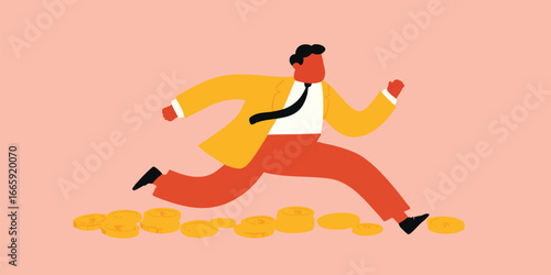 A determined person in a suit runs, surrounded by golden coins, representing financial pursuit, progress, and aspiration.