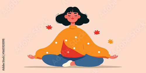 A tranquil woman meditates,...