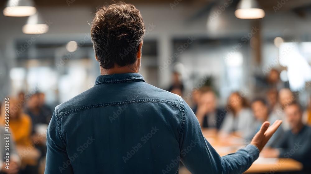 Fototapeta premium Person giving a presentation to an audience in a bright modern room.