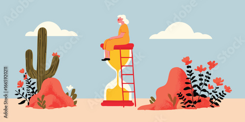 An allegorical illustration depicts an elderly person sitting atop an hourglass in a desert scene. the artwork symbolizes the passage of time.