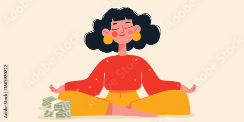 A peaceful illustration showcases financial serenity and mindful prosperity as the subject meditates with a stack of currency symbolizing wealth and balance.